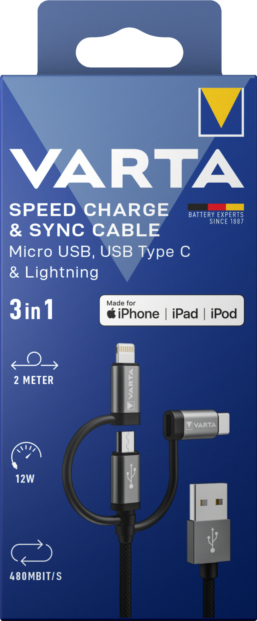 VARTA Speed Charge & Sync Cable 3in1 – 2 meter