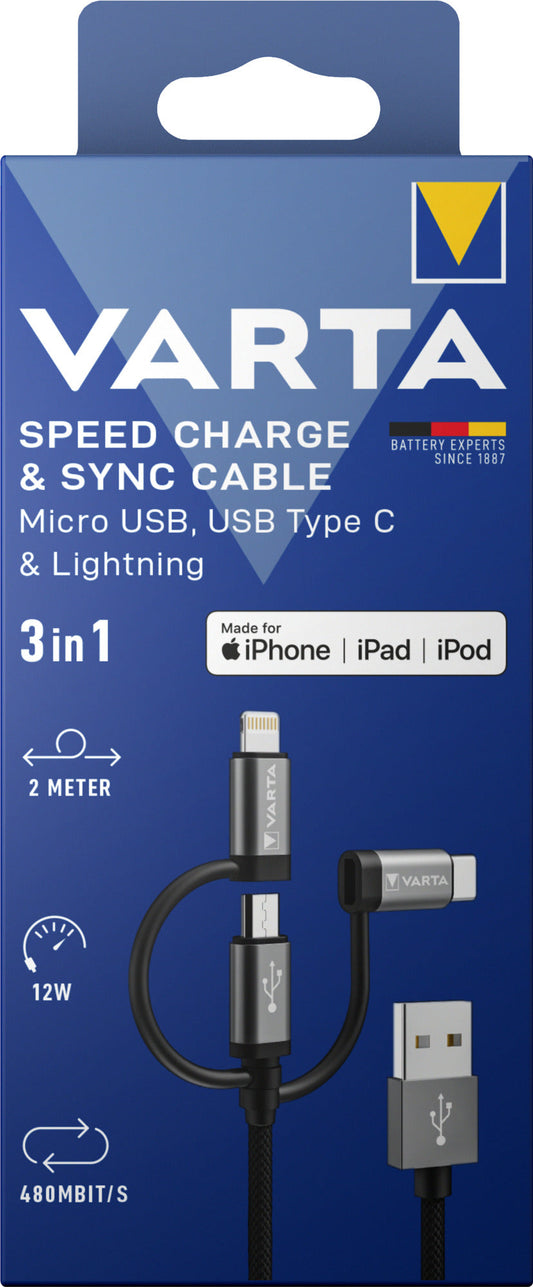 VARTA Speed Charge & Sync Cable 3in1 – 2 meter