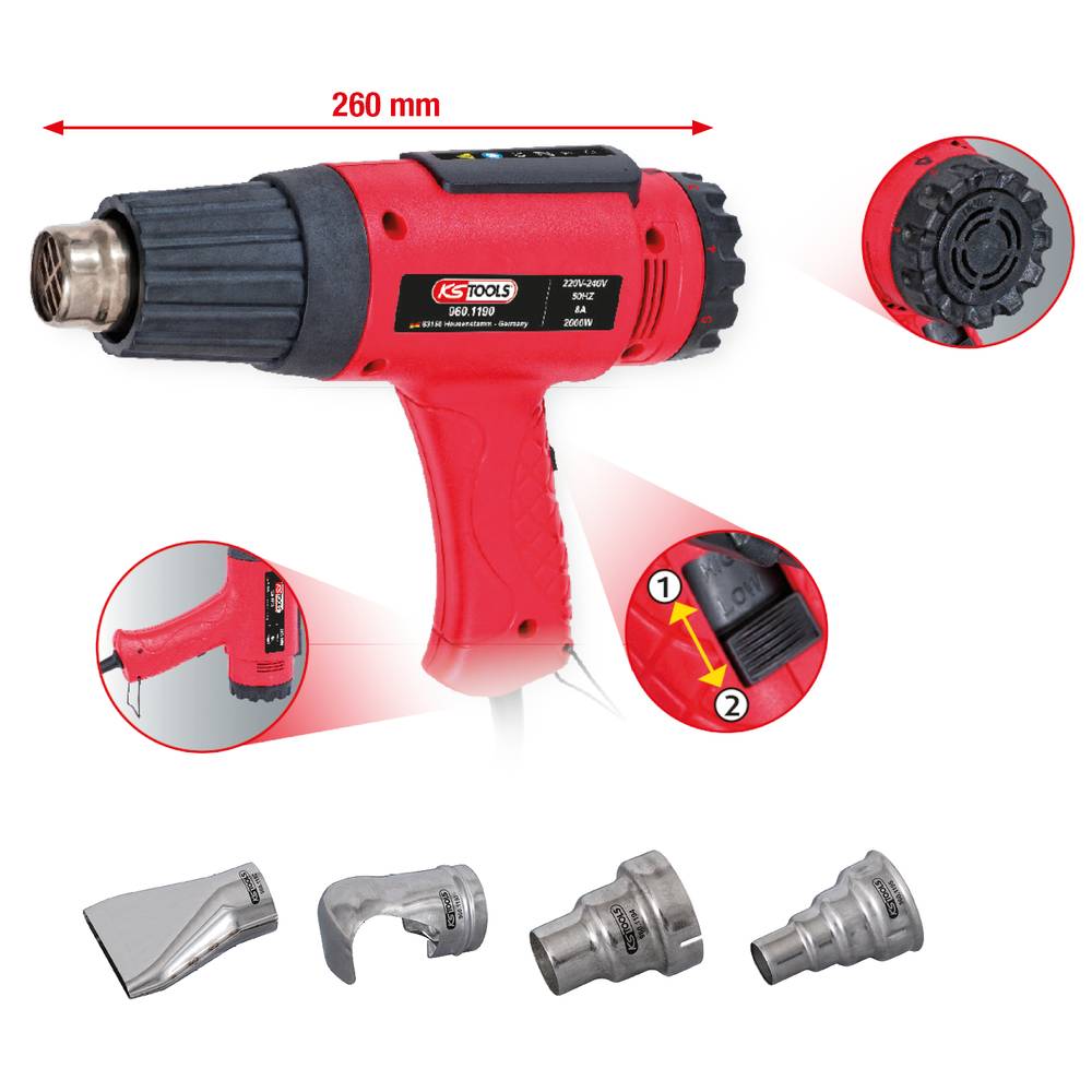 KS Tools Varmluftspistol 2000W – Komplett sats med 4 munstycken