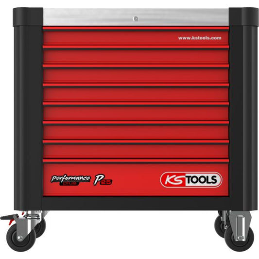 KS Tools Performanceplus Verkstadsvagn P25 – Komplett Premiumlösning med 564 Verktyg i SCS-systeminlägg, 8 Lådor, Svart/Röd